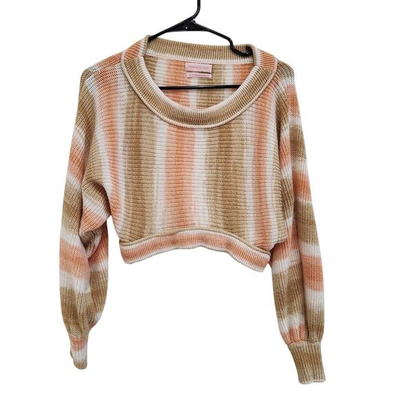 Urban Outfitters Cropped Sweater Pullover Balloon Sleeve Stripe Pink Tan Size XS - Picture 3 of 8